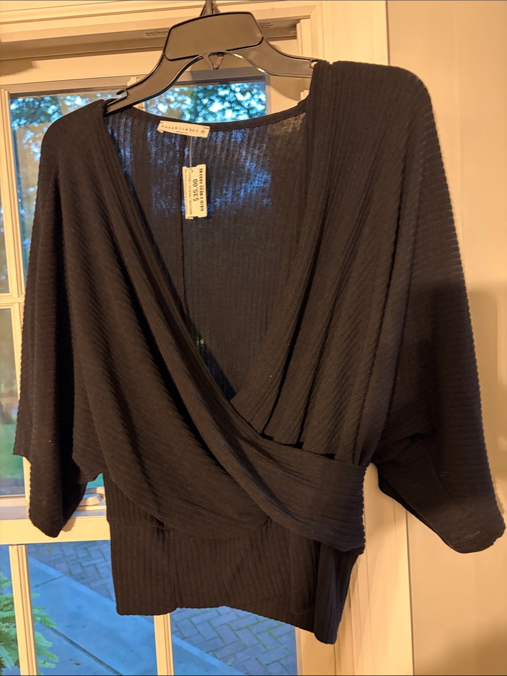 Wasabi & Mint Black Draped V-Neck dolman sleeve Wrap Top